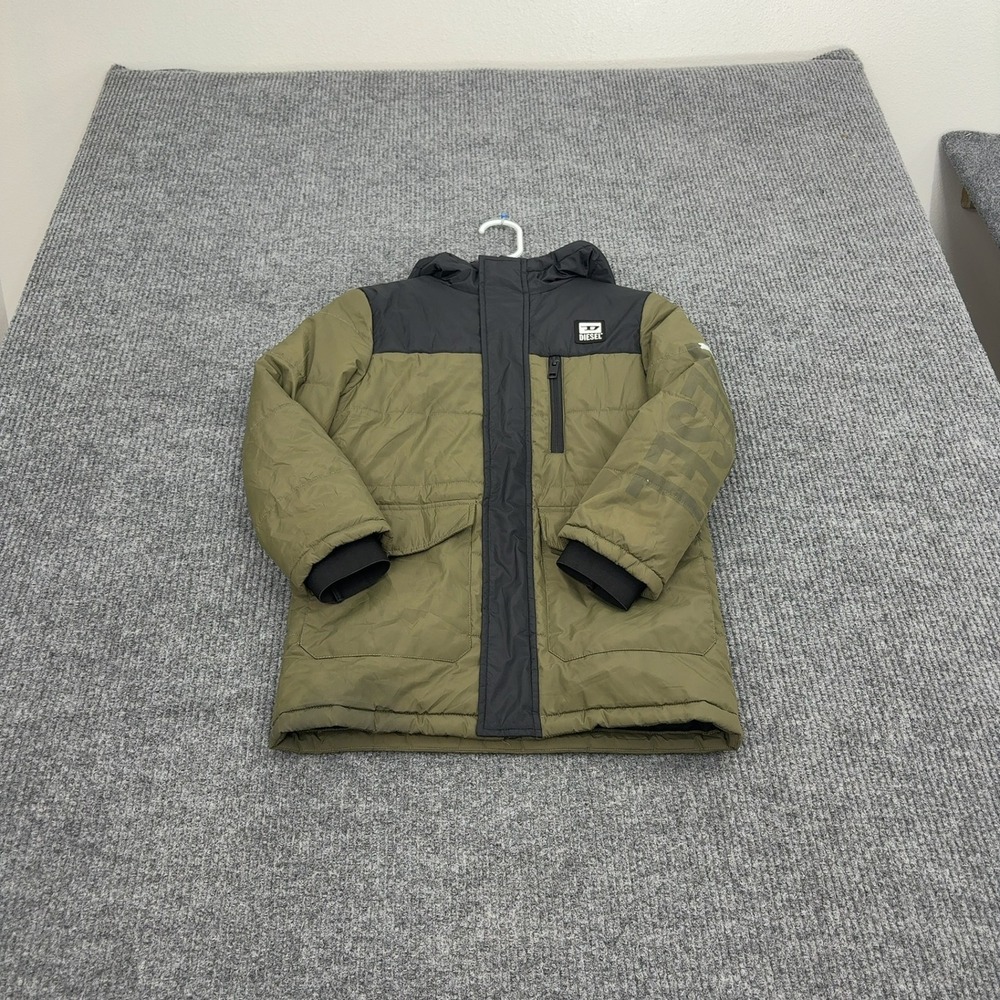 Diesel Puffer Jacket Boys 8Y Green Polyester Hooded Winter Outerwear Streetwear